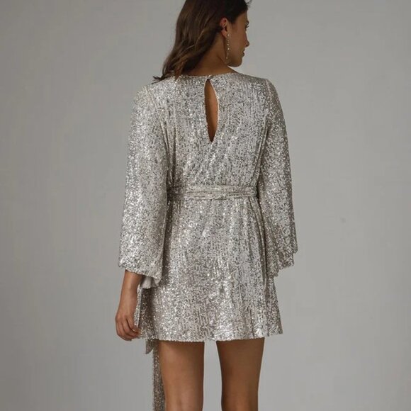 NWT | Jay Godfrey Maggie Sequin Mesh Bateau-Neck Flare-Sleeve‎ Belted Mini Dress - Picture 2 of 4